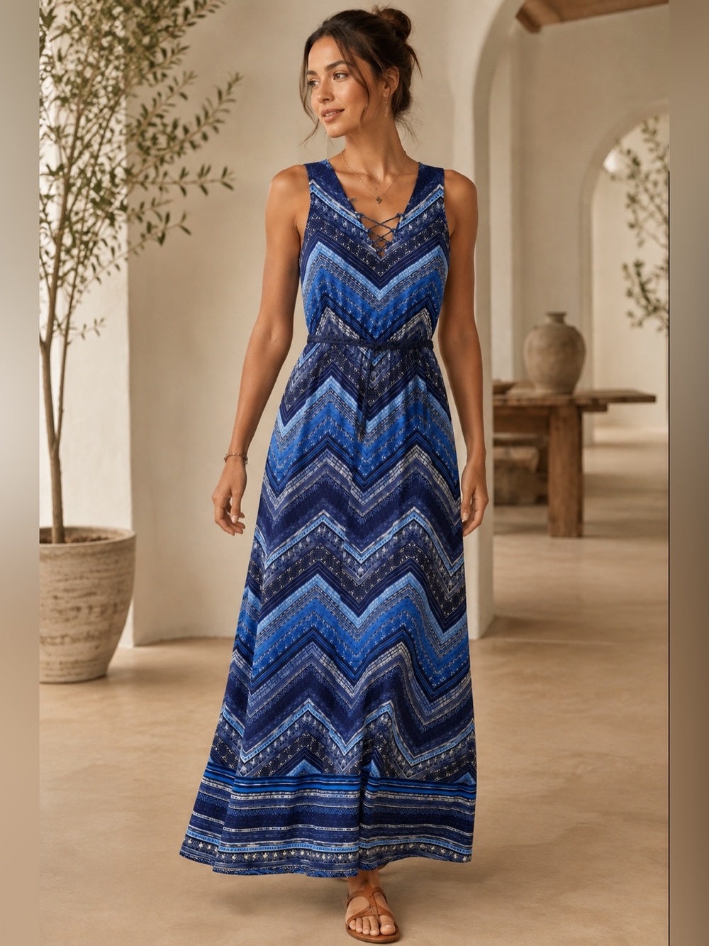 Luxology Maxi Dress Size 6 Blue Chevron V Neck Lace Up Back Belted Boho Lined